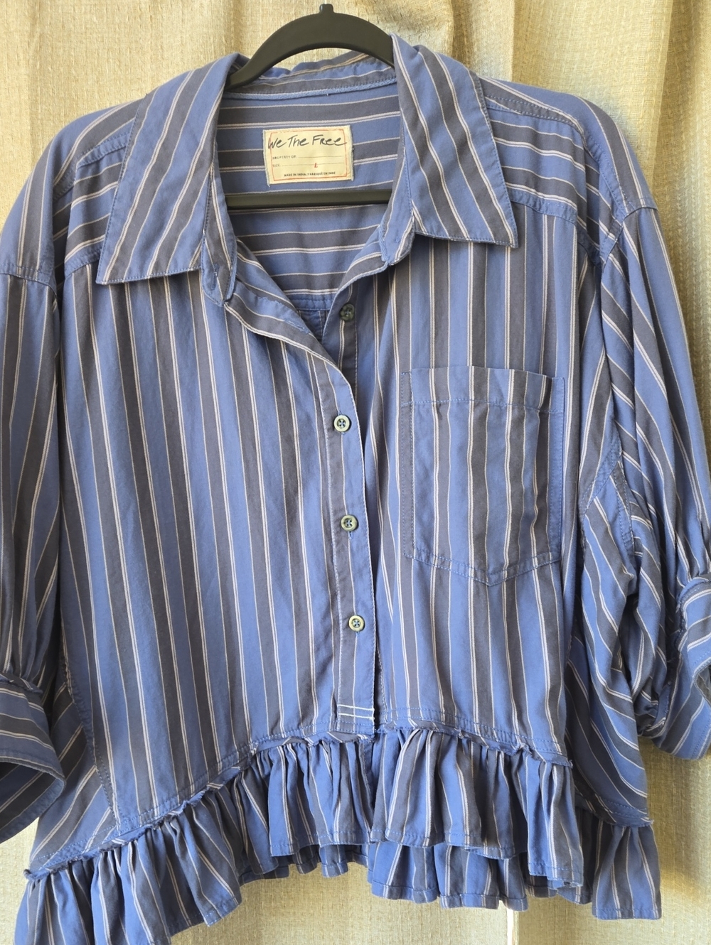 We The Free Blue Bailey Shirt - Striped Ruffle-Hem Button Down Top